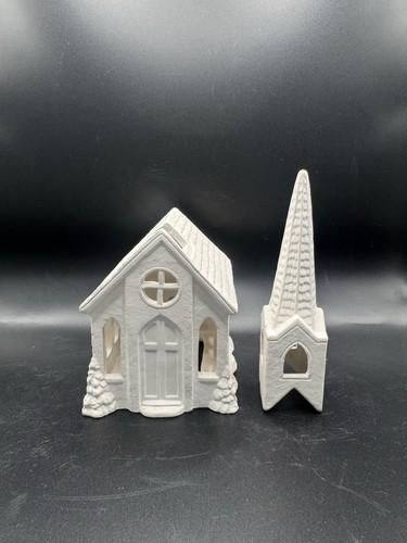 Vtg ceramic bisque church - ceramic,